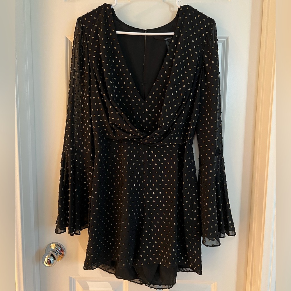 JAYGODFREY Black and Gold Cowl Neck Bell Sleeve Dress